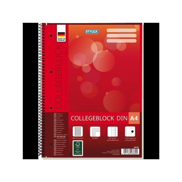 6x Stylex Spiral-Collegeblock DIN A4 kariert - 80 Blatt