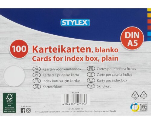 Stylex Karteikarten DIN A5 blanko weiß 100 Stück