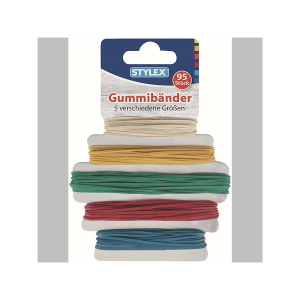 3x Stylex bunte Gummibänder 95 Stück, 5 Größen auf Pappkarte