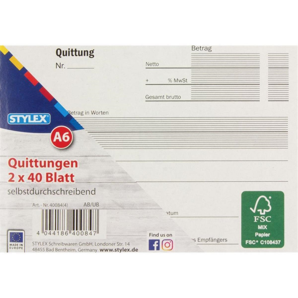 50 X Stylex Quittungsblock 2x40 Blatt DIN A6 selbstdurchschreibend