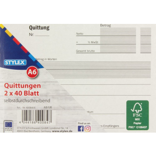 100 X Stylex Quittungsblock 2x40 Blatt DIN A6 selbstdurchschreibend