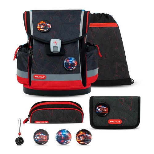 Belmil Classy Plus ergonomisches Schulranzen-Set 5-teilig "Firefighters Red" mit Brustgurt, Magnetverschluss, Patch Set 3 Stück