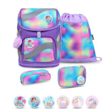 Belmil Smarty ergonomisches Schulranzen Set 5-teilig "Rainbow Color" mit Brustgurt, Hüftgurt, Magnetverschluss, Patch Set 6 Stück