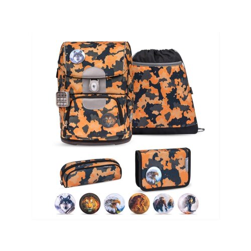 Belmil Motion ergonomisches Schulranzen Set 5-teilig "Orange Camouflage" aus recyceltem Material mit Brustgurt, Hüftgurt, Magnetverschluss, Patch Set 6 Stück