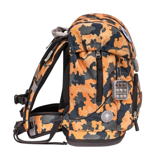 Belmil Motion ergonomisches Schulranzen Set 5-teilig "Orange Camouflage" aus recyceltem Material mit Brustgurt, Hüftgurt, Magnetverschluss, Patch Set 6 Stück