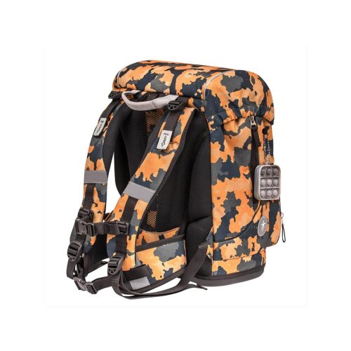 Belmil Motion ergonomisches Schulranzen Set 5-teilig "Orange Camouflage" aus recyceltem Material mit Brustgurt, Hüftgurt, Magnetverschluss, Patch Set 6 Stück