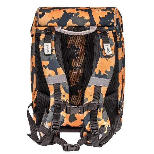 Belmil Motion ergonomisches Schulranzen Set 5-teilig "Orange Camouflage" aus recyceltem Material mit Brustgurt, Hüftgurt, Magnetverschluss, Patch Set 6 Stück