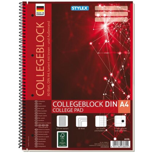 12 X  Stylex Spiral-Collegeblock DIN A4 kariert - 80 Blatt