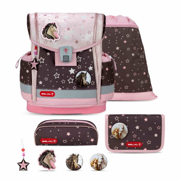 Belmil Classy Plus ergonomisches Schulranzen-Set 5-teilig "Champion Horses" mit Brustgurt, Magnetverschluss, Patch Set 3 Stück
