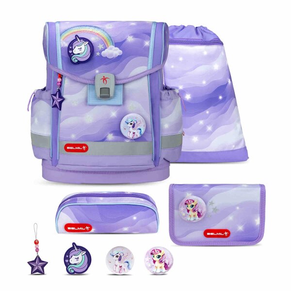 Belmil Classy Plus ergonomisches Schulranzen-Set 5-teilig "Over the Rainbow" mit Brustgurt, Magnetverschluss, Patch Set 3 Stück