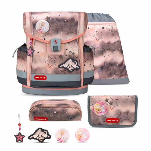 Belmil Classy Plus ergonomisches Schulranzen-Set 5-teilig "Rose Ballet" mit Brustgurt, Magnetverschluss, Patch Set 3 Stück