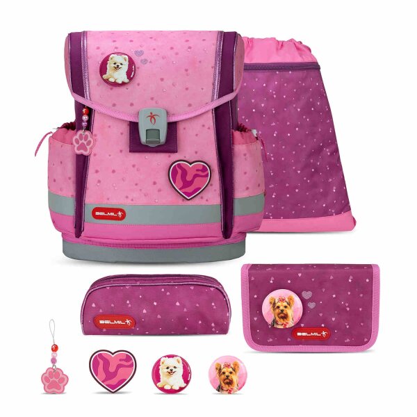 Belmil Classy Plus ergonomisches Schulranzen-Set 5-teilig "Rosie Hearts" mit Brustgurt, Magnetverschluss, Patch Set 3 Stück