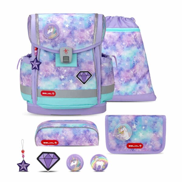 Belmil Classy Plus ergonomisches Schulranzen-Set 5-teilig "Diamond Unicorn" mit Brustgurt, Magnetverschluss, Patch Set 3 Stück