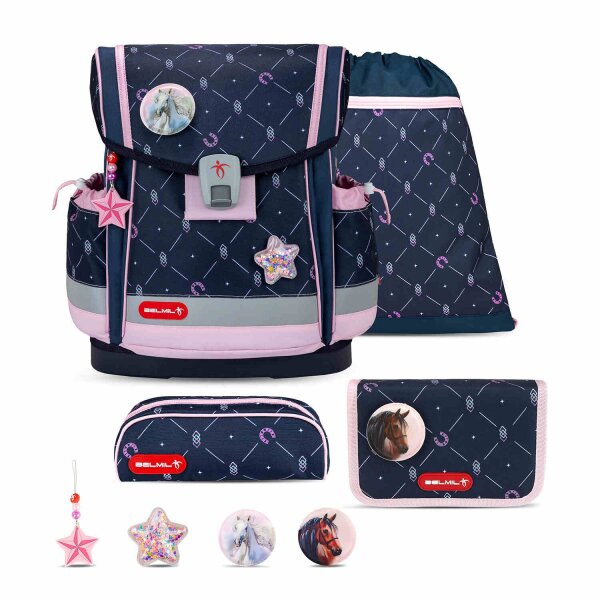 Belmil Classy Plus ergonomisches Schulranzen-Set 5-teilig "Midnight Gallop" mit Brustgurt, Magnetverschluss, Patch Set 3 Stück