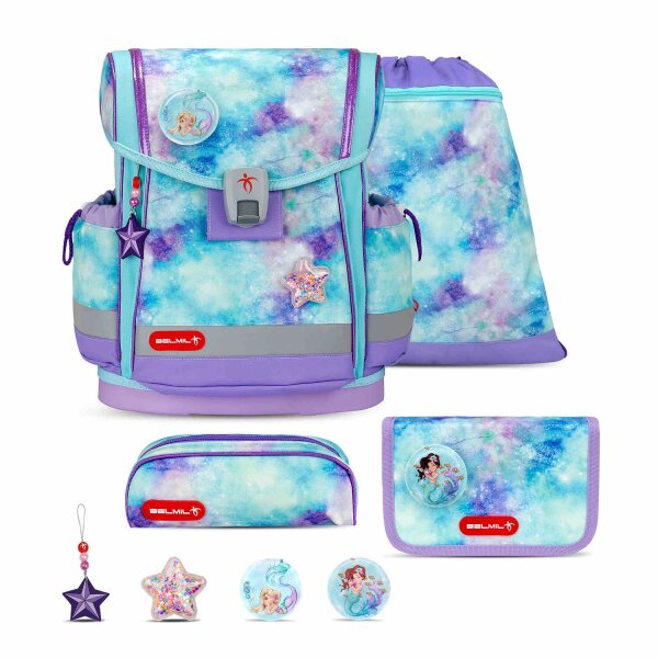 Belmil Classy Plus ergonomisches Schulranzen-Set 5-teilig "Mermaids" mit Brustgurt, Magnetverschluss, Patch Set 3 Stück