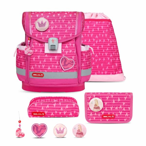 Belmil Classy Plus ergonomisches Schulranzen-Set 5-teilig "Princess" mit Brustgurt, Magnetverschluss, Patch Set 3 Stück