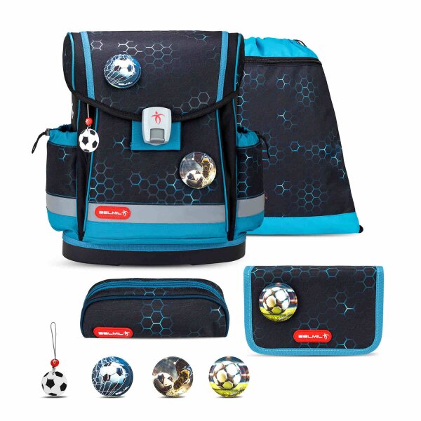 Belmil Classy Plus ergonomisches Schulranzen-Set 5-teilig "Kick the Ball" mit Brustgurt, Magnetverschluss, Patch Set 3 Stück