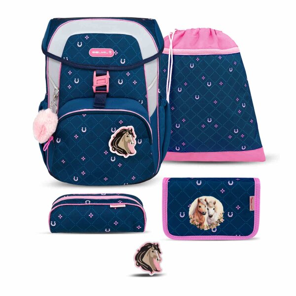 Belmil Maxi ergonomisches Schulranzen-Set 5-teilig "Meet your Horses" mit Brustgurt, Magnetverschluss, einem Patch