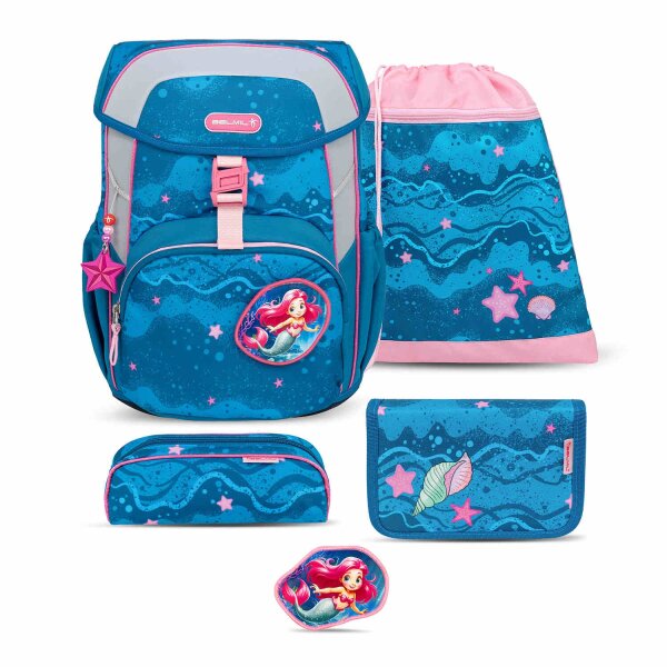 Belmil Maxi ergonomisches Schulranzen-Set 5-teilig "Mermaid" mit Brustgurt, Magnetverschluss, einem Patch