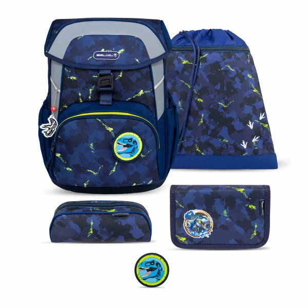 Belmil Maxi ergonomisches Schulranzen-Set 5-teilig "T-Rexy" mit Brustgurt, Magnetverschluss, einem Patch