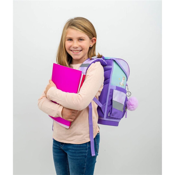 Belmil Compact ergonomisches Schulranzen-Set 4-teilig "Rainbow Unicorn Magic" mit Brustgurt, Magnetverschluss