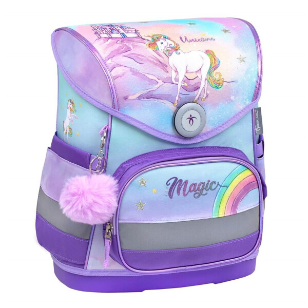 Belmil Compact ergonomisches Schulranzen-Set 4-teilig "Rainbow Unicorn Magic" mit Brustgurt, Magnetverschluss