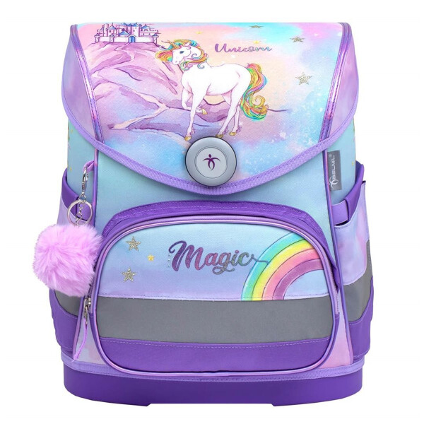 Belmil Compact ergonomisches Schulranzen-Set 4-teilig "Rainbow Unicorn Magic" mit Brustgurt, Magnetverschluss