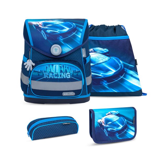 Belmil Compact ergonomisches Schulranzen-Set 4-teilig "Racing Blue Neon" mit Brustgurt, Magnetverschluss