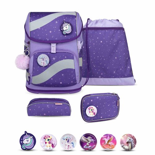 Belmil Smarty ergonomisches Schulranzen Set 5-teilig "Starlight" mit Brustgurt, Hüftgurt, Magnetverschluss, Patch Set 6 Stück