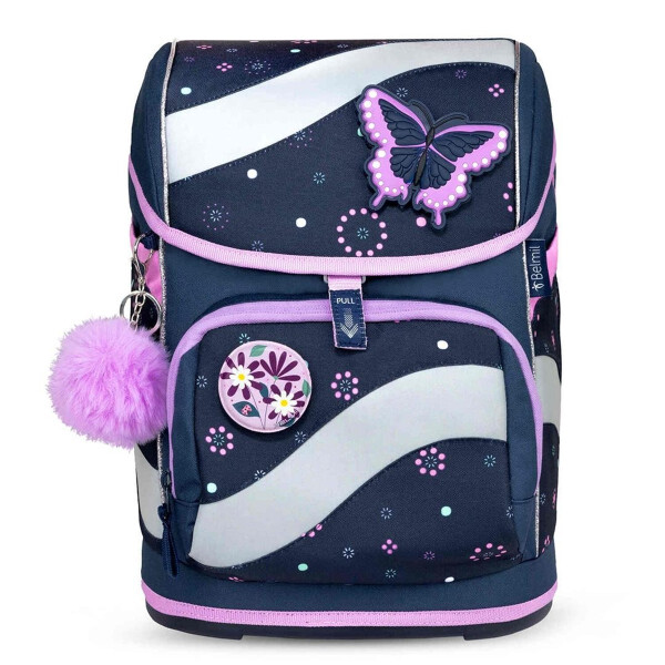 Belmil Smarty ergonomisches Schulranzen Set 5-teilig "Flowers Blue" mit Brustgurt, Hüftgurt, Magnetverschluss, Patch Set 6 Stück