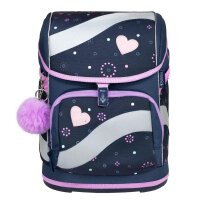Belmil Smarty ergonomisches Schulranzen Set 5-teilig "Flowers Blue" mit Brustgurt, Hüftgurt, Magnetverschluss, Patch Set 6 Stück