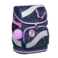 Belmil Smarty ergonomisches Schulranzen Set 5-teilig "Flowers Blue" mit Brustgurt, Hüftgurt, Magnetverschluss, Patch Set 6 Stück