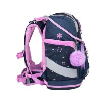 Belmil Smarty ergonomisches Schulranzen Set 5-teilig "Flowers Blue" mit Brustgurt, Hüftgurt, Magnetverschluss, Patch Set 6 Stück