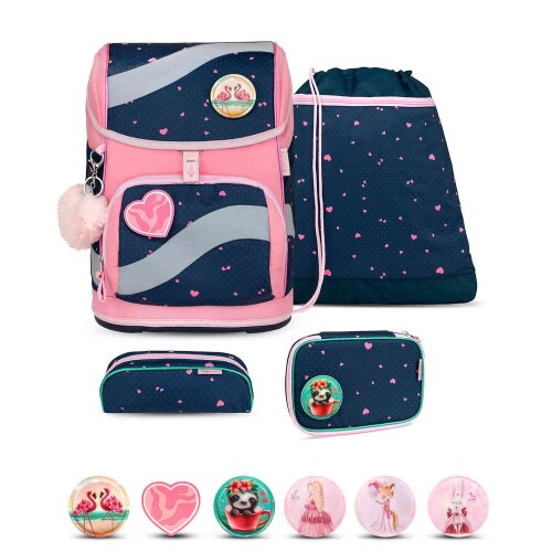 Belmil Smarty ergonomisches Schulranzen Set 5-teilig "In Love With Hearts" mit Brustgurt, Hüftgurt, Magnetverschluss, Patch Set 6 Stück