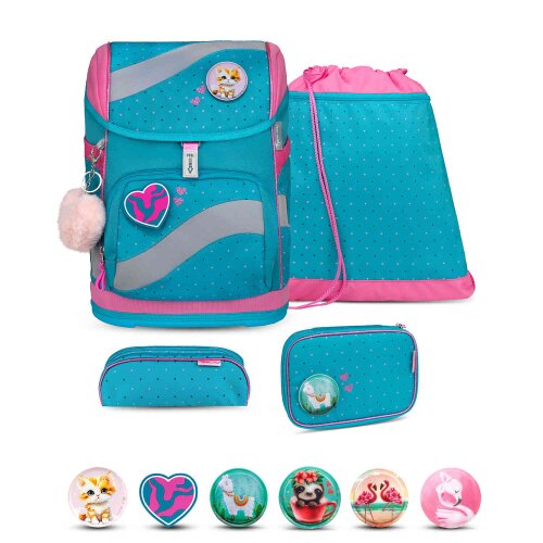 Belmil Smarty ergonomisches Schulranzen Set 5-teilig "Hearts and Dots" mit Brustgurt, Hüftgurt, Magnetverschluss, Patch Set 6 Stück