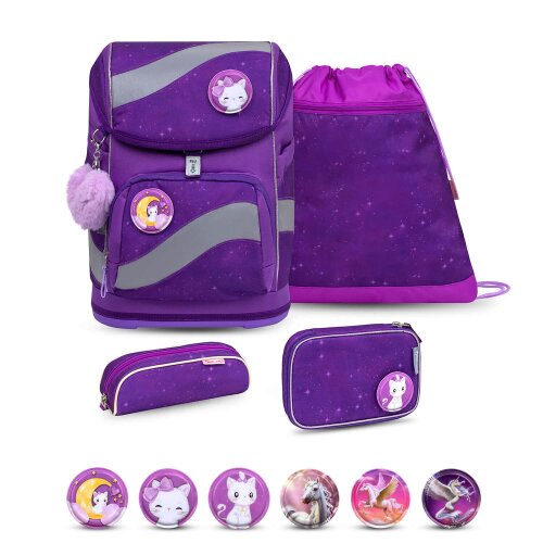 Belmil Smarty ergonomisches Schulranzen Set 5-teilig "Purple Sky" mit Brustgurt, Hüftgurt, Magnetverschluss, Patch Set 6 Stück