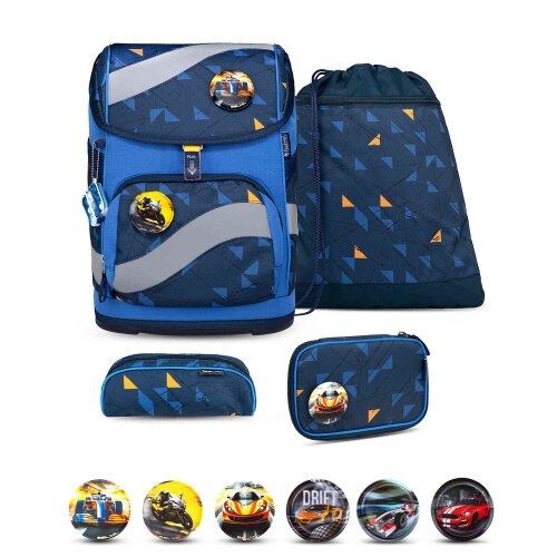 Belmil Smarty ergonomisches Schulranzen Set 5-teilig "Stars" mit Brustgurt, Hüftgurt, Magnetverschluss, Patch Set 6 Stück