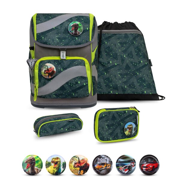 Belmil Smarty ergonomisches Schulranzen Set 5-teilig "Green Splash" mit Brustgurt, Hüftgurt, Magnetverschluss, Patch Set 6 Stück
