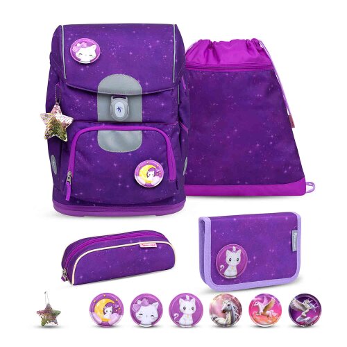 Belmil Motion ergonomisches Schulranzen Set 5-teilig "Purple Sky" aus recyceltem Material mit Brustgurt, Hüftgurt, Magnetverschluss, Patch Set 6 Stück