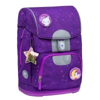 Belmil Motion ergonomisches Schulranzen Set 5-teilig "Purple Sky" aus recyceltem Material mit Brustgurt, Hüftgurt, Magnetverschluss, Patch Set 6 Stück
