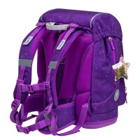 Belmil Motion ergonomisches Schulranzen Set 5-teilig "Purple Sky" aus recyceltem Material mit Brustgurt, Hüftgurt, Magnetverschluss, Patch Set 6 Stück