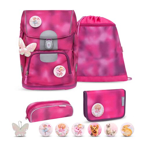 Belmil Motion ergonomisches Schulranzen Set 5-teilig "Shiny Pink" aus recyceltem Material mit Brustgurt, Hüftgurt, Magnetverschluss, Patch Set 6 Stück