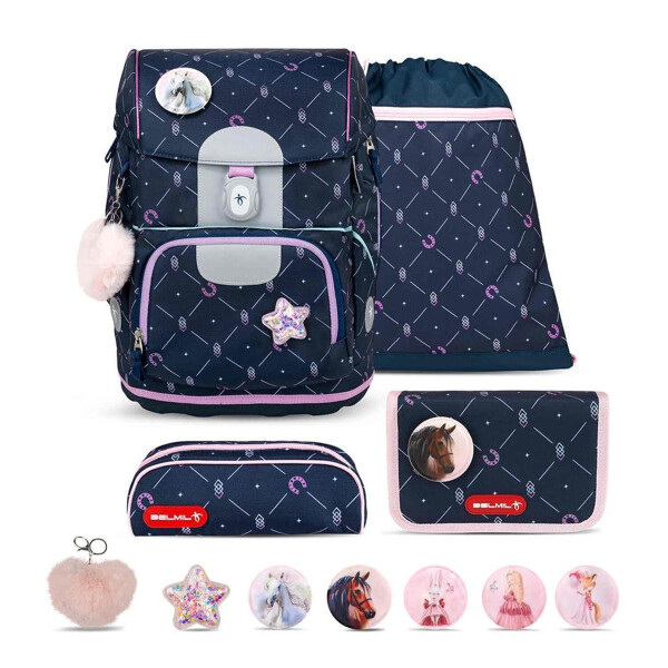 Belmil Motion ergonomisches Schulranzen Set 5-teilig "Midnight Gallop" aus recyceltem Material mit Brustgurt, Hüftgurt, Magnetverschluss, Patch Set 6 Stück