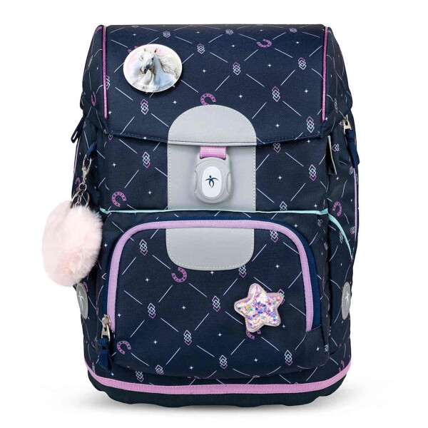 Belmil Motion ergonomisches Schulranzen Set 5-teilig "Midnight Gallop" aus recyceltem Material mit Brustgurt, Hüftgurt, Magnetverschluss, Patch Set 6 Stück