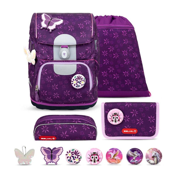 Belmil Motion ergonomisches Schulranzen Set 5-teilig "Purple Spring" aus recyceltem Material mit Brustgurt, Hüftgurt, Magnetverschluss, Patch Set 6 Stück