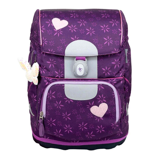 Belmil Motion ergonomisches Schulranzen Set 5-teilig "Purple Spring" aus recyceltem Material mit Brustgurt, Hüftgurt, Magnetverschluss, Patch Set 6 Stück