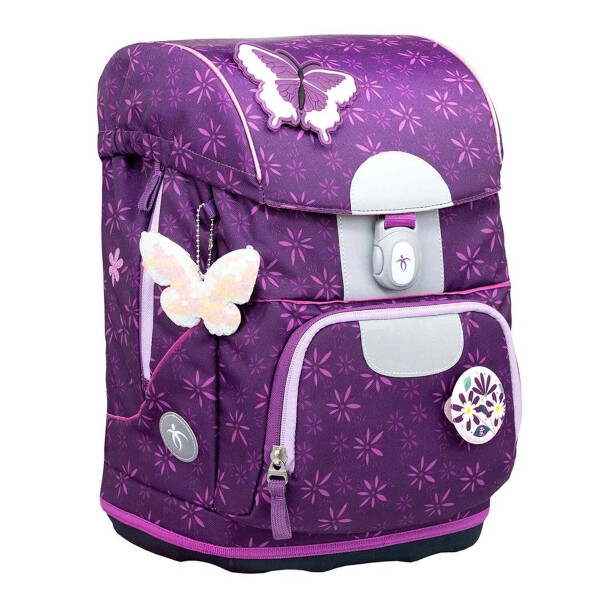 Belmil Motion ergonomisches Schulranzen Set 5-teilig "Purple Spring" aus recyceltem Material mit Brustgurt, Hüftgurt, Magnetverschluss, Patch Set 6 Stück