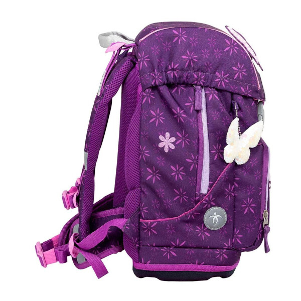 Belmil Motion ergonomisches Schulranzen Set 5-teilig "Purple Spring" aus recyceltem Material mit Brustgurt, Hüftgurt, Magnetverschluss, Patch Set 6 Stück