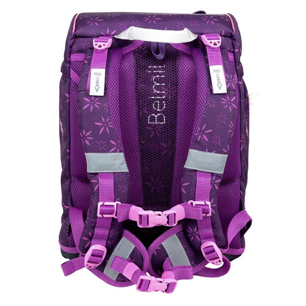 Belmil Motion ergonomisches Schulranzen Set 5-teilig "Purple Spring" aus recyceltem Material mit Brustgurt, Hüftgurt, Magnetverschluss, Patch Set 6 Stück