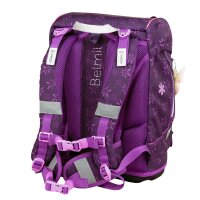 Belmil Motion ergonomisches Schulranzen Set 5-teilig "Purple Spring" aus recyceltem Material mit Brustgurt, Hüftgurt, Magnetverschluss, Patch Set 6 Stück